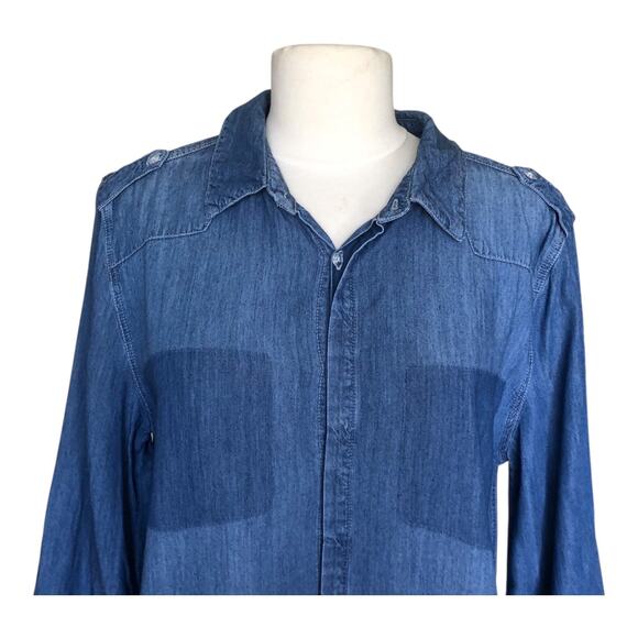 Simi Sue Blue Button Down Shirt Chambray 3/4 Sleeve Top Women's Size Large - Picture 2 of 8